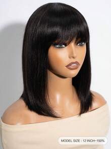 QVR QUEEN VIRGIN REMY QVR 直发波波头假发，带刘海，迷你蕾丝波波头假发，带刘海，夹式设计，即戴即用，无需胶水，适合初学者，黑色 - S1 - 查看 4