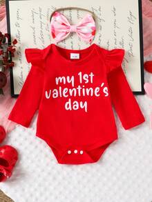 2件套女婴可爱爱心图案长袖连体衣+裤子+发带+腿套，秋冬款