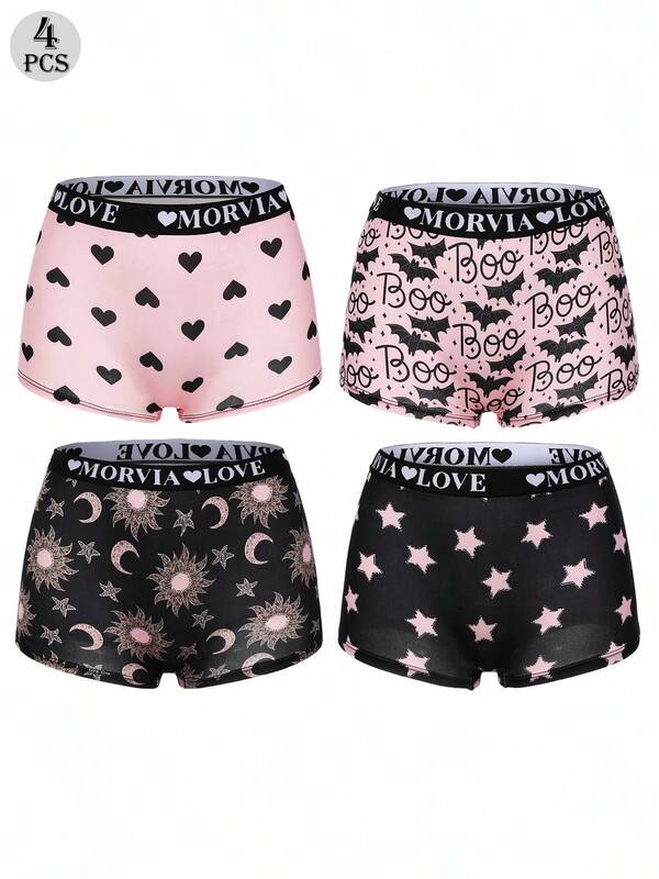 Dircho 4 piezas Calzones tipo boyshort para mujer con estampado completo de estrellas rosas, galaxia, murciélagos y letras góticas con ribete de contraste, ropa interior cómoda y suave con cintura elástica, lencería y ropa interior para mujer