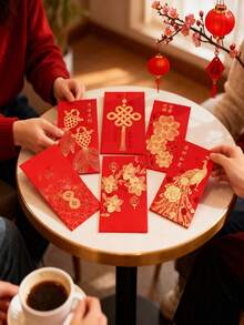 Bộ 6/18/36 phong bao lì xì đỏ Tết Nguyên Đán, họa tiết cá chép và hoa mai, thích hợp cho lễ hội năm rắn và các dịp đặc biệt khác: Tết Nguyên Đán, đám cưới, ngày lễ tình nhân, chúc phúc, trang trí Tết Nguyên Đán. - Đỏ - Xem 2