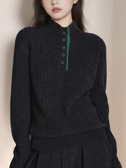 Alicedudu 女士秋冬简约撞色设计半拉链立领毛衣