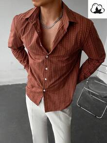 WAIT HIM Men's Striped Single-Breasted Casual Long Sleeve Shirt - Redwood - View 4