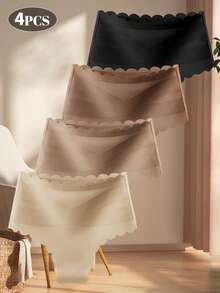 4pcs Women's Mid-Waist Briefs, Wavy Trim & Criss-Cross Design, Comfortable Fit, Soft & Skin-Friendly, Available In S-XXL - Multicolor - View 6