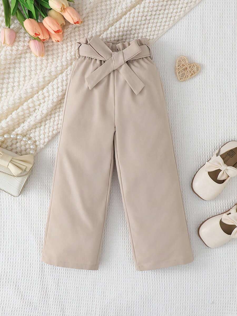 idolCat 年轻女孩可爱米色宽松裤腰蝴蝶结秋季日常装 - 卡其色 - 查看 1