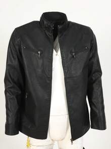 1 件男士 PU 皮夹克，机车风格，秋冬休闲户外装，羊毛 - 黑色 - 查看 4