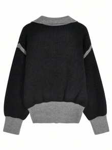 Retro Casual Design Niche Contrast Color Knit Cardigan, Women, Autumn/Winter Black - Black - View 8