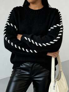 Áo len chui đầu dệt tay kiểu dây xoắn dành cho nữ cỡ lớn màu đen - màu đen - Xem 2