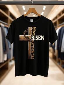 Men's Print T-Shirt - He Is Risen Matthew 28:6 Cross Crown Thorns Casual Round Neck Short Sleeve Tee For Urban Streetwear, All-Season Comfort Fit
-Black - 黑色 - 查看 2