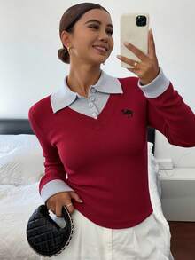 Livesso 女士拼接撞色二合一长袖图案刺绣毛衣，长袖上衣，秋季女装 - 酒紅色 - 查看 2