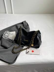 女士单肩翻盖包，柔软PU皮革，时尚优雅复古简约金属配件设计，链条肩带，适合女士、女孩、大学生、休闲、通勤等场合，黑色 - 黑色 - 查看 8