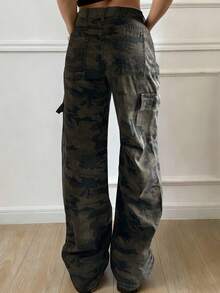 Livesso 美式复古迷彩工装裤，宽松直筒多口袋水洗做旧休闲裤，女款 - 軍綠色 - 查看 4