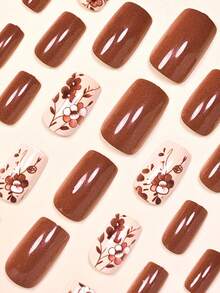 用24片中号方形美甲贴片表达你的爱意，优雅的棕白色花朵、棕色枝叶、时尚焦糖棕、木棉栗棕色假指甲，全覆盖式假指甲贴片，适合女性和女孩。包含1张粘合贴片和1个迷你指甲锉，果冻凝胶，随机发货。 - 棕色 - 查看 3