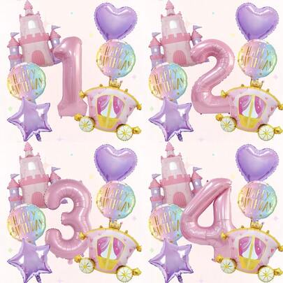 7pcs Castle Balloon Set, Pink Number Balloons, Perfect For Princess-Themed Parties, Birthday Party Decorations, Anniversary Decorations, Home Decor, Atmosphere Decorations, Birthday Balloons, Foil Balloons, Decorative Balloons, Holiday Balloon Set