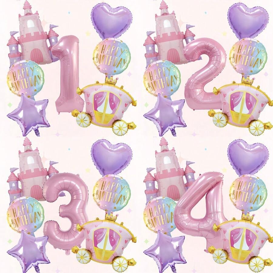 7pcs Castle Balloon Set, Pink Number Balloons, Perfect For Princess-Themed Parties, Birthday Party Decorations, Anniversary Decorations, Home Decor, Atmosphere Decorations, Birthday Balloons, Foil Balloons, Decorative Balloons, Holiday Balloon Set