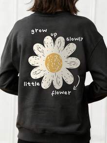 1pc Girls Casual Printed Crew Neck Sweatshirt, Long Sleeve Top For Students, Autumn/Winter - Dark Grey - View 2