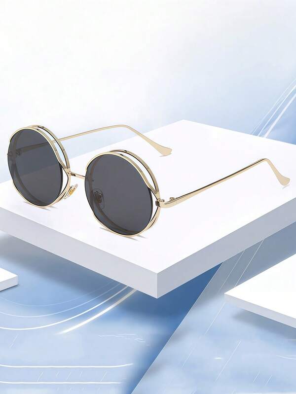 1 par de gafas de sol de estilo punk con diseño de degradado metálico hueco redondo, retro y minimalista personalizado, que favorece a rostros pequeños, gafas decorativas casuales para exteriores y vacaciones para hombres y mujeres