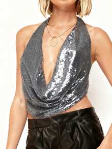 Women's Summer Halter Tops Fashionable Sequin Decorated Sleeveless V Neck Open Back Vest For Party Nightclubs - 銀色 - 查看 3