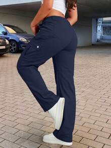 女士纯色直筒休闲多口袋工装裤 - 藏蓝色 - 查看 4