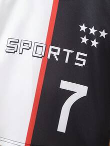 2pcs/Set Young Boy's Casual Sports Style Outfit, Black & White Contrast Color Block "SPORTS" Letter Striped Star Number "7" Graphic Round Neck Short Sleeve T-Shirt Paired With Loose Black Shorts, Football Uniform Set, Suitable For Outdoor, Back To School, Commute, Social Events, Spring/Summer