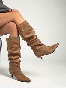 Fall/Winter 2025 New Kitten Heel Pleated Thigh High Boots, Pointed Toe Over The Knee Tall Vintage Riding Boots - Khaki - View 7