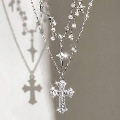 2 pièces Collier avec pendentif étoile et croix ornés de strass et de franges, collier ras-du-cou gothique unique et brillant en zirconium de style Y2K pour femmes
