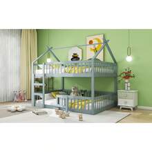 Children's Bunk Bed 140*200, Children's Bed, Bunk Bed With Ladder, Loft Design, Solid Wood Bunk Bed Frame, Grey - Gray + Wood + Wood - View 3