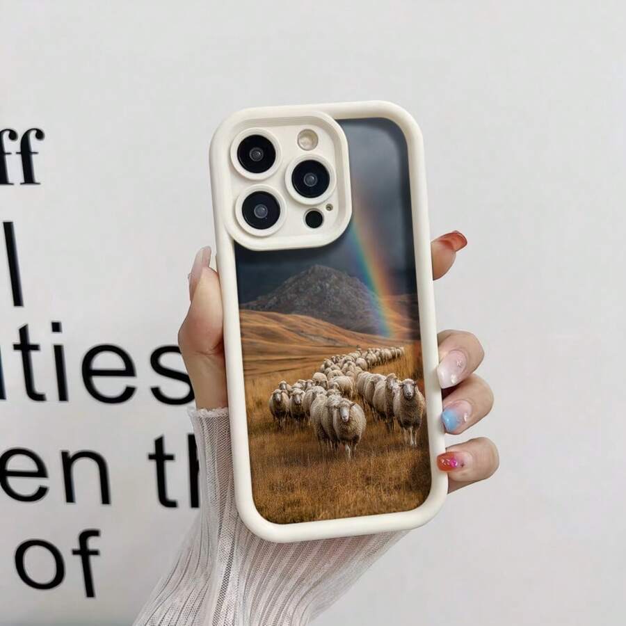 Phone Case With Black Border And Design Of Sheep In A Field With Rainbow For Everyday Use - 白色 - 查看 1