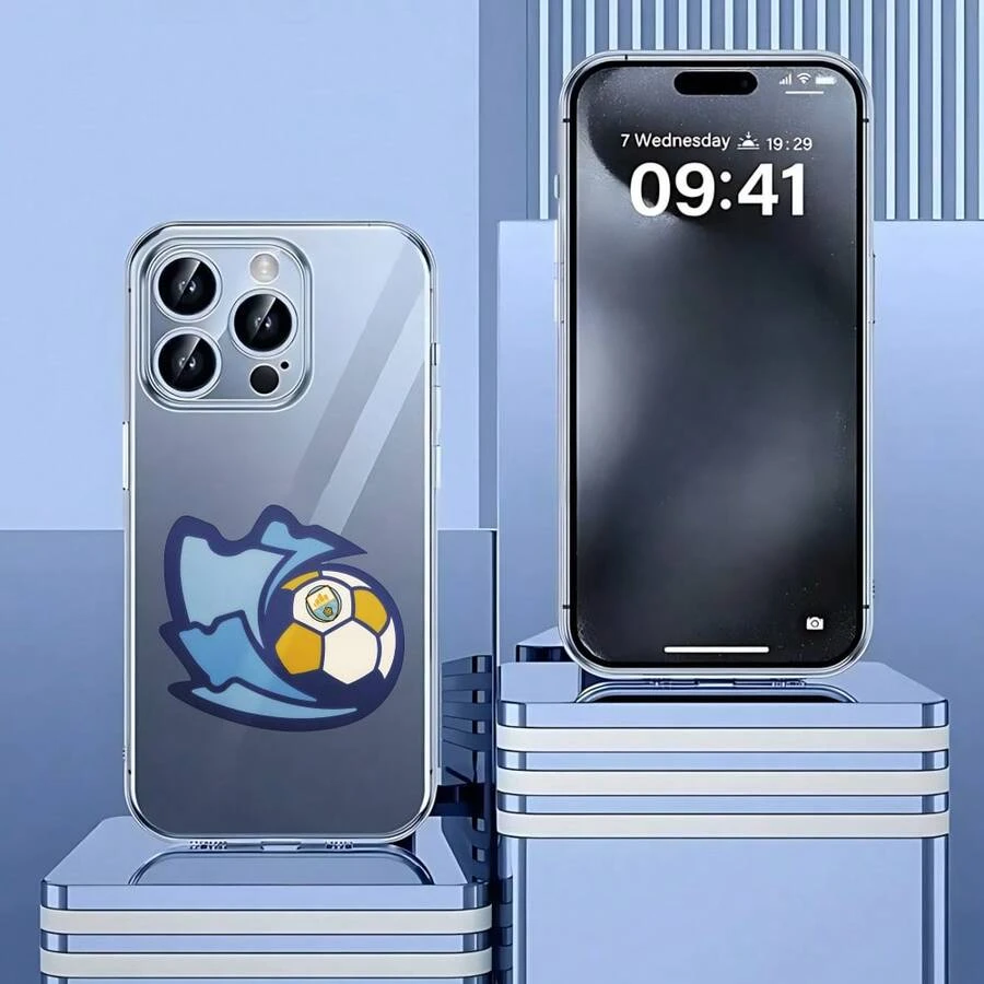 Carcasa de teléfono impreso transparente de moda Cubierta de teléfono transparente con diseño de balón de fútbol y escudo azul para iPhone 14 Pro Max en color gris claro ideal para amantes del deporte y viajes Para apple, teléfonos - transparente - Ver 1