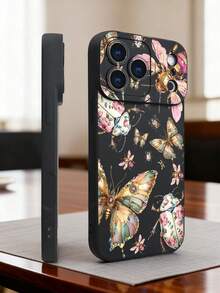1 pieza Funda de teléfono con diseño de mariposas y escarabajos decorados con flores y piedras preciosas, estilo artístico surrealista ideal para amantes de la naturaleza y el arte creativo, protección elevada para lente con diseño de ojo, resistente a golpes, compatible con iPhone17 ProMax/16/15/14/13/12/11/Plus/Pro/ProMax, compatible con Galaxy A34/A35/A54/A55, Galaxy S20/S21/S22/S23/S24/S25 Ultra/Plus, compatible con Galaxy/Redmi/Honor/OPPO/ViVo - Negro - Ver 1