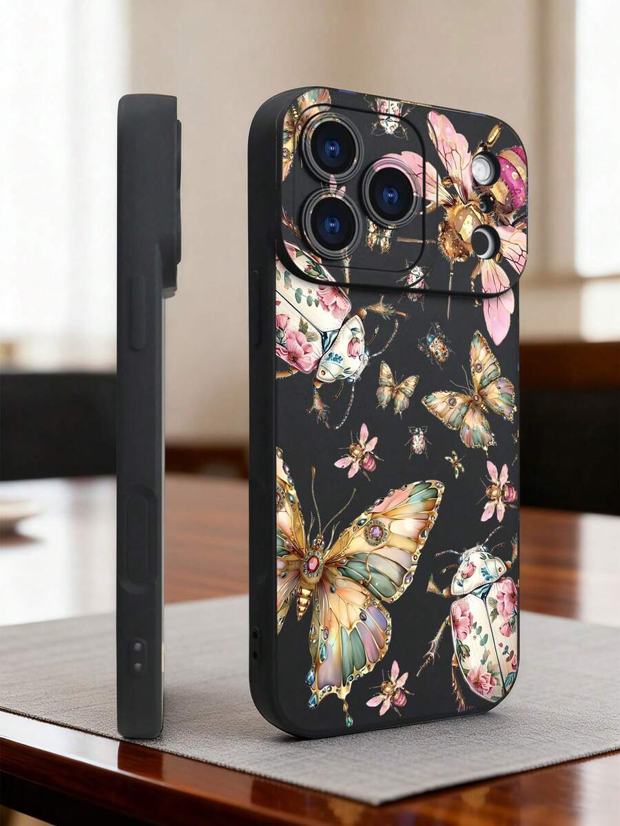 1 pieza Funda de teléfono con diseño de mariposas y escarabajos decorados con flores y piedras preciosas, estilo artístico surrealista ideal para amantes de la naturaleza y el arte creativo, protección elevada para lente con diseño de ojo, resistente a golpes, compatible con iPhone17 ProMax/16/15/14/13/12/11/Plus/Pro/ProMax, compatible con Galaxy A34/A35/A54/A55, Galaxy S20/S21/S22/S23/S24/S25 Ultra/Plus, compatible con Galaxy/Redmi/Honor/OPPO/ViVo - Negro - Ver 1