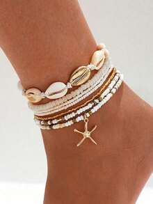 7pcs Bohemian Seed Bead Ankle Bracelet Set, Starfish Beach Jewelry Women Girls, Summer Vacation Party Wear, Boho Chic Anklet Accessories - 7件橫條紋 - 查看 5