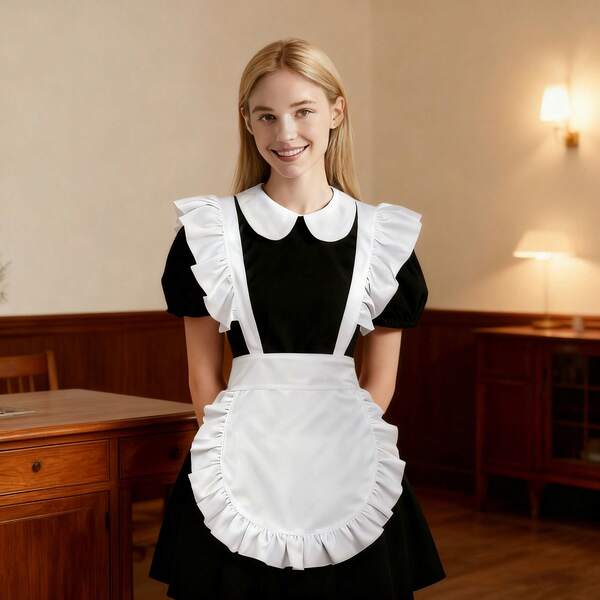 1pc Vintage White Apron Women, Kitchen Cooking Half Apron With Pockets, Maid Apron KISS