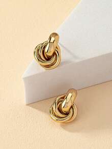 1 Pair Petite Versatile Striped Knot Button Stud Earrings, Suitable For Daily Wear - Gold 3 - View 3