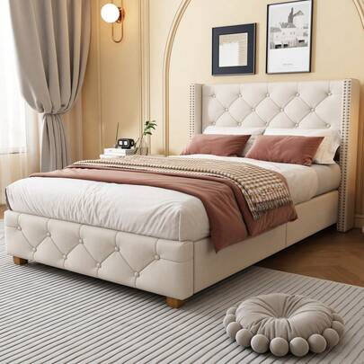 Upholstered Bed 90*200cm With Lattice Frame And Headboard, Button Upholstery, Nailhead Upholstery, Wooden Legs, Velvet, Grey (OLD SKU:3099934AAG)