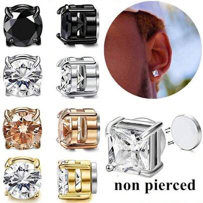 Unisex Stainless Steel Magnetic Cubic Zirconia Stud Earrings, Low Allergy, Earless Design, 5-8mm Double-Sided Magnetic Flat Cubic Zirconia Magnetic Clip-On Earrings, Suitable For Daily, Travel, Wedding, Date, Party And Other Occasions