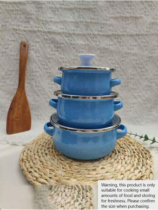 3pcs Enamel Mini Pot Set, 12cm-14cm-16cm Thick Double-Ear Enamel Cooking Pot, Multi-Purpose For Gas & Induction Cooktop, Vintage Style Enamel Soup Pot, Small Pot For Boiling Milk, Enamel Bowl With Handle For Instant Noodles