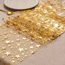 1 Roll White Background Gold Star Sequin Tablecloth, 12x108 Inches, Polyester Material - No Assembly Required, Birthday Party, Wedding, Banquet Decoration, Celebration Event Accessory, Shiny Metallic Gold Party Decor, Durable Fabric, Suitable For Dinner Parties - Multicolor - View 5