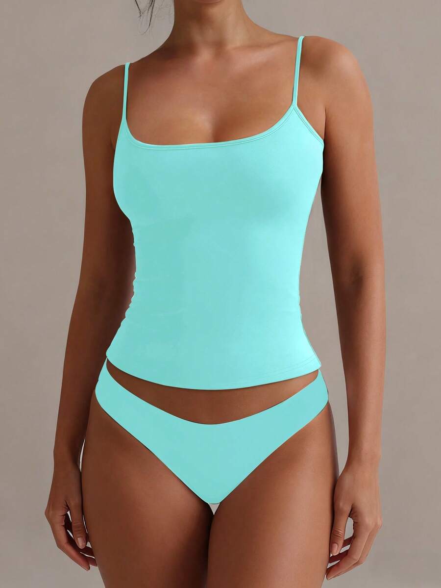 XLLAIS Sexy Backless Women Camisole, Elastic Casual Spaghetti Strap Tank Top - Mint Blue - View 1