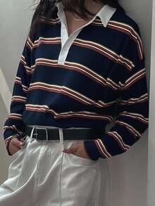 DAZY Áo thun tay dài kẻ sọc khối màu dáng rộng dành cho nữ, áo chui đầu thường ngày cho mùa xuân/hè, quần áo mùa thu - Màu xanh hải quân - Xem 3