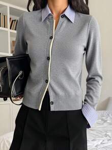 DAZY Women's Contrast Stripe Patchwork 2 In 1 Casual Cardigan - Grey - View 3