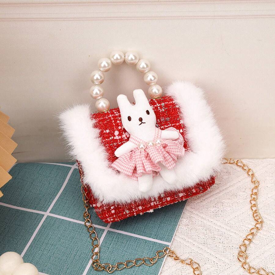 Princess Style Chain Bag Pearl Accessories Cute Children's Handbag Bow Unique Girl's Shoulder Bag - Pink Bunny Skirt With Frayed Edges - View 1