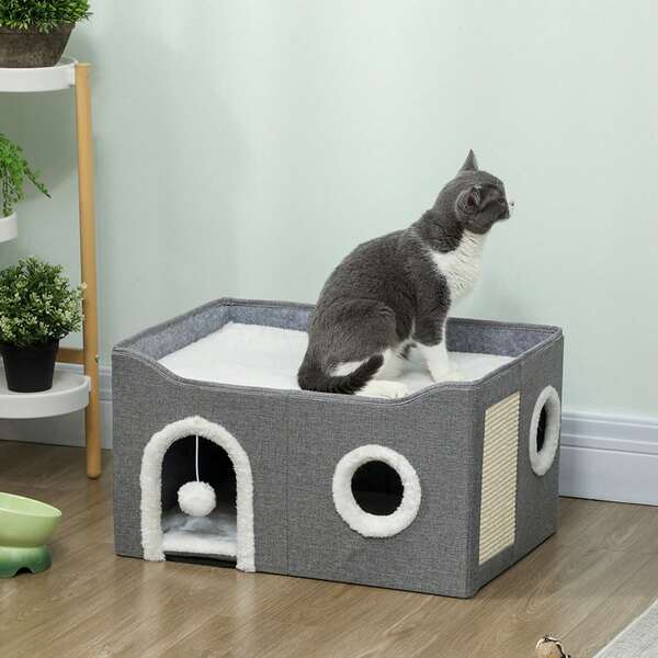 A Warm Cat Nest With A Cat Teaser Ball And A Cat Scratch Board, Foldable, Detachable, With Windows And Access Doors, Cat House Apartment - Multi Story, Double Entry Pet Bed, Indoor Enclosed Cat Shelter, Foldable And Durable Cat Furniture Suitable For All Seasons