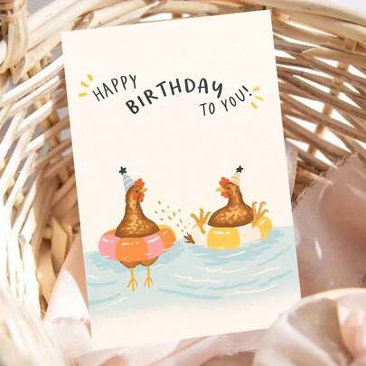1pc Funny Swimming Chickens Birthday Card Greeting Card With Envelope Playful Farm Animal Design With Party Hats In Water Scene, Perfect For Sending Joyful Birthday Wishes, Great For Friends, Family Members, Coworkers