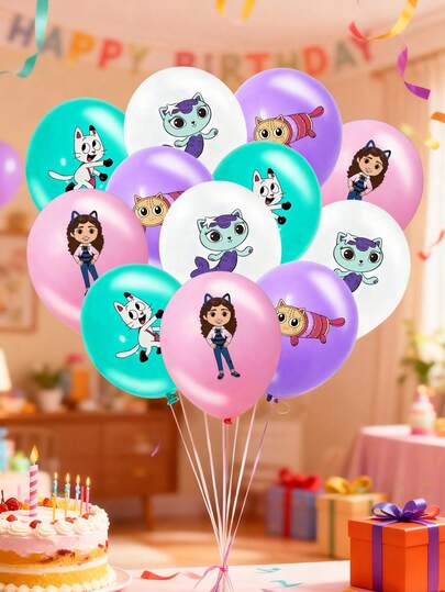  Gabby's Dollhouse——一个充满创意、可爱又适合派对装饰的玩具屋顶，配有生日玩具、乳胶橡胶气球，营造热闹的派对氛围。