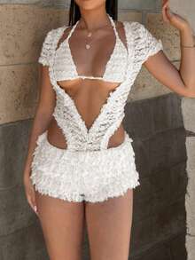 Bộ đồ hai mảnh màu trắng ngà Y2K móc len cắt laser - Bộ đồ phối hợp phong cách Boho Chic dành cho nữ, kiểu dáng cá tính cho mùa Thu Đông 2025, trang phục lễ hội jacquard không thể thiếu, mùa Xuân/Hè, phong cách Bohemian, lễ hội âm nhạc, mùa tựu trường, mùa cưới. - Trắng Lớn - Xem 5