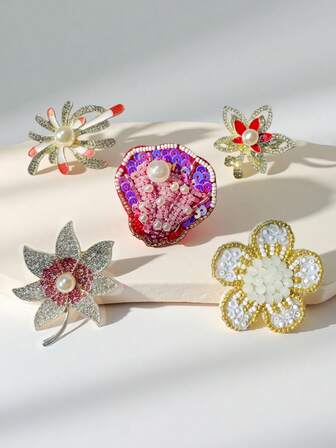 1pc Fashionable Fully Rhinestone Flower & Maple Leaf Handmade Brooch, Suitable For Daily Wear