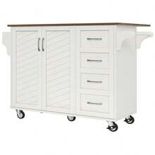 Kitchen Trolley With Diagonal Striped Cabinet Doors, Dining Trolley With Towel Rack And Spice Rack, Adjustable Partitions, Kitchen Buffet, Wood Grain Table, White - 1 - 查看 8