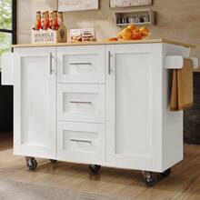 Kitchen Island, Removable Partitions, Removable Casters Like Kitchen Cabinets, Dining Cart With Countertop, Buffet Cabinet, Dining Cart With Wood Grain, Side Towel Rack With Casters, White - White + MDF+Metal - View 8