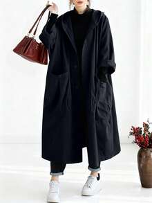 秋冬女士宽松长款风衣，大口袋，纽扣前襟，连帽，休闲百搭 - 藏蓝色 - 查看 2