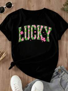 Women's Lucky T-Shirt With Pink Clover And Flower Print For St Patrick's Day Celebration - màu đen - Xem 2